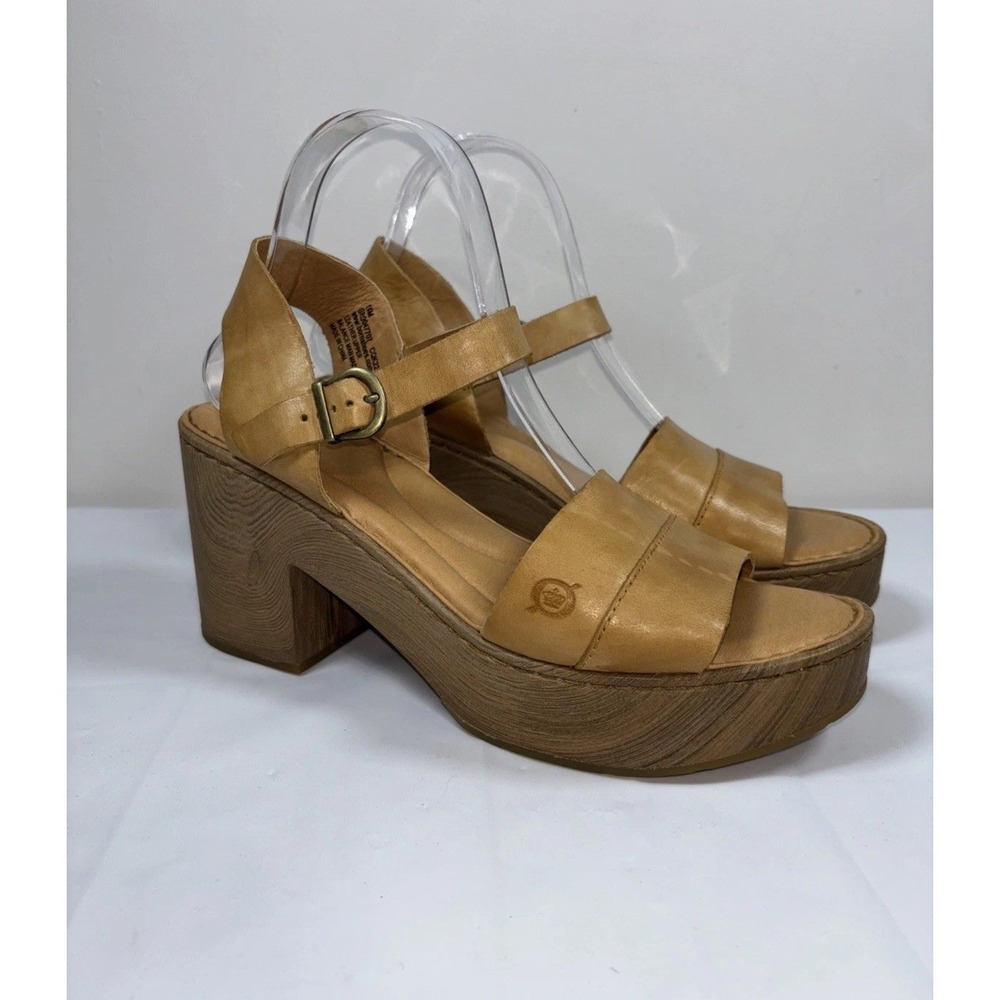 Born Lucca Womens 10M Platform Heel Sandals Tan Leather Buckle Comfort Chic Y2K